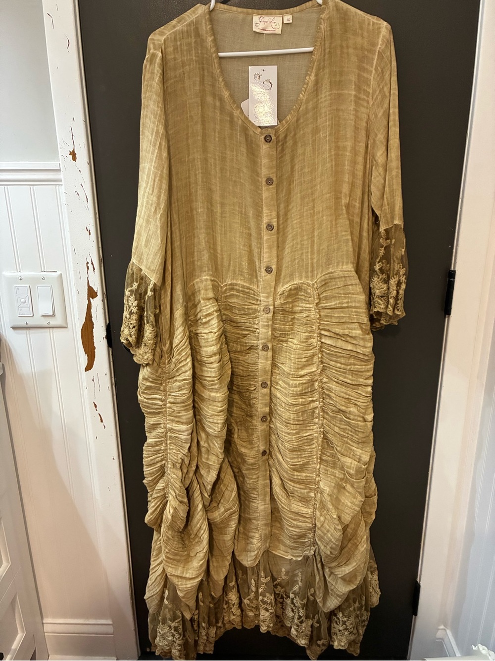 Ruched Button-Front Maxi Dress in tea dye charm with Lace Trim